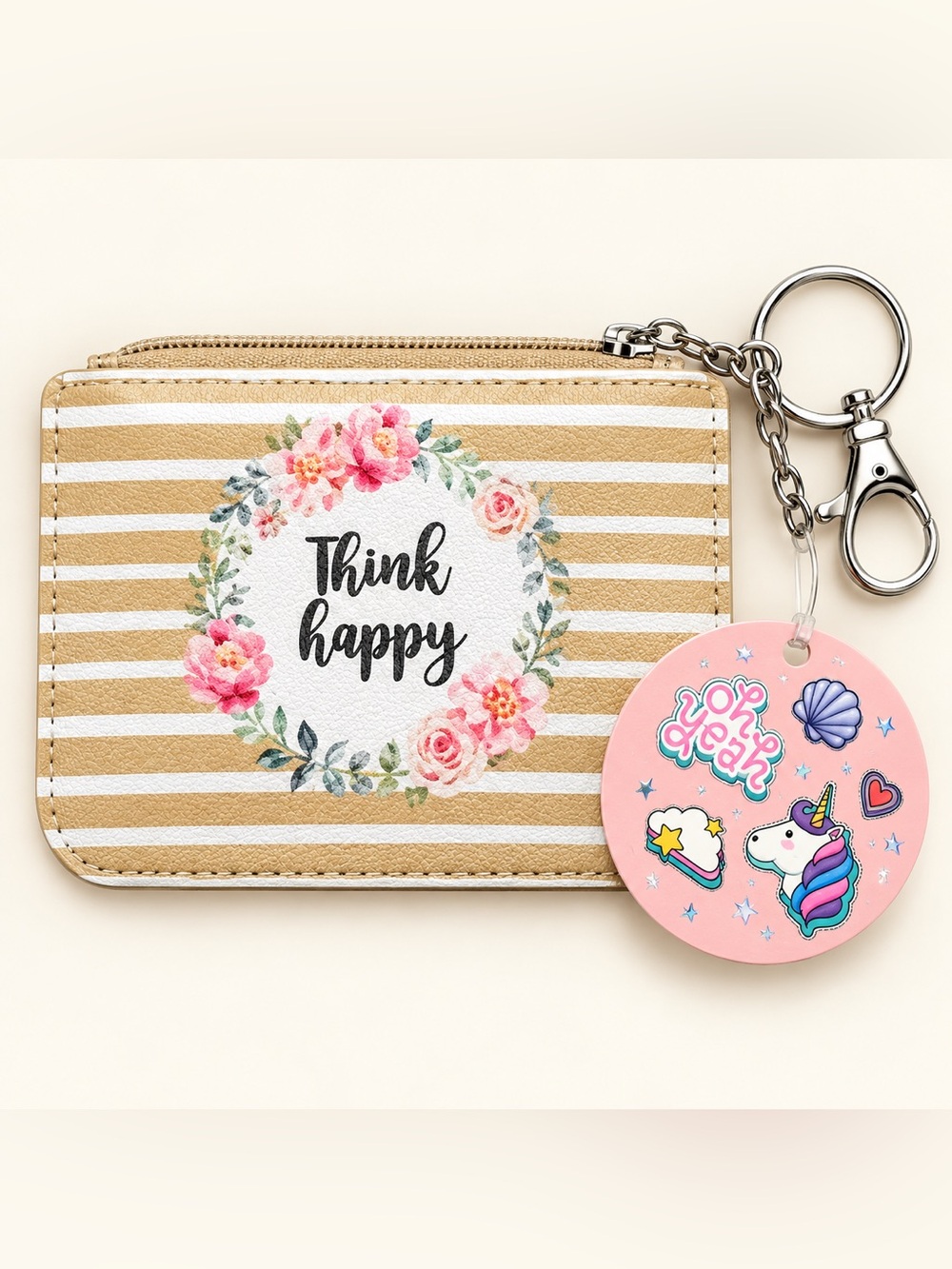 Striped Floral 'Think Happy' Cardholder Wallet with Pink Unicorn Keychain
